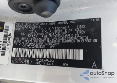 2006 Toyota Sienna Xle Limited z USA, uszkodzony, nr VIN 5TDZA22C36S586352